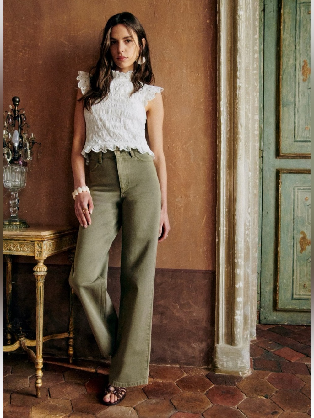 Sezane NWT The Wide Leg Jeans Olive Green size 6 100% cotton Denim